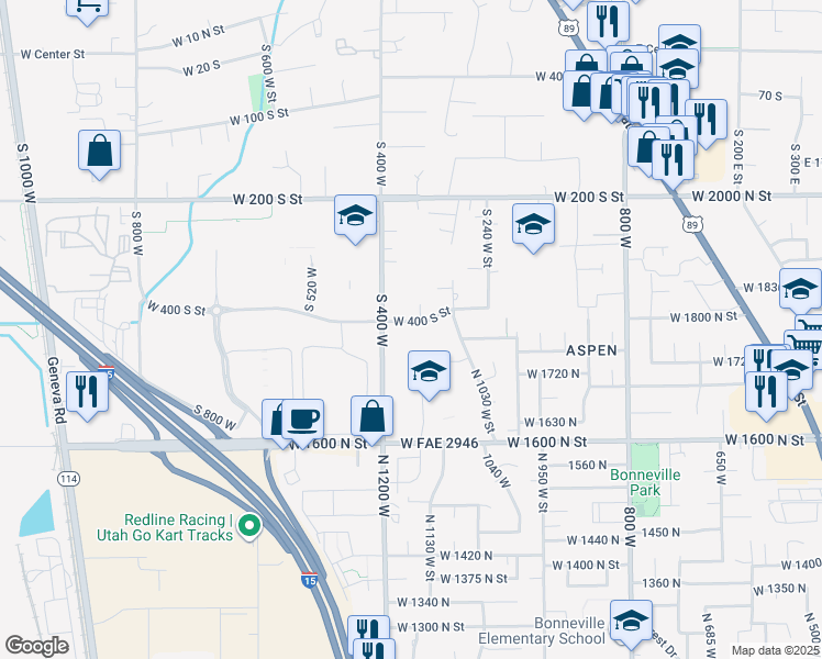 map of restaurants, bars, coffee shops, grocery stores, and more near 391 South 400 West in Lindon