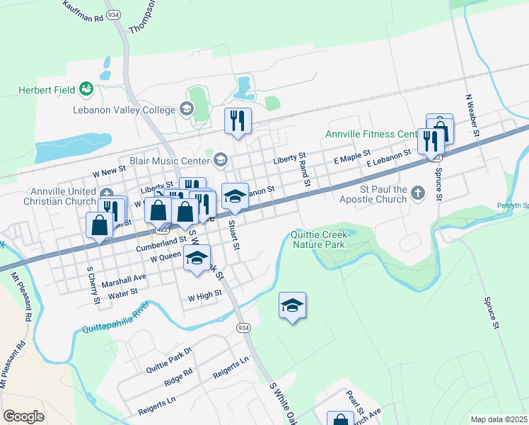 map of restaurants, bars, coffee shops, grocery stores, and more near 327 East Main Street in Annville