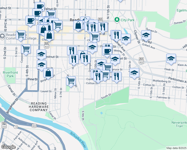 map of restaurants, bars, coffee shops, grocery stores, and more near 259 South 10th Street in Reading
