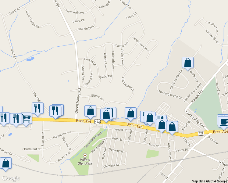 map of restaurants, bars, coffee shops, grocery stores, and more near 4227 Hill Terrace Drive in Sinking Spring