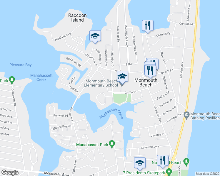 map of restaurants, bars, coffee shops, grocery stores, and more near 18 Tocci Avenue in Monmouth Beach