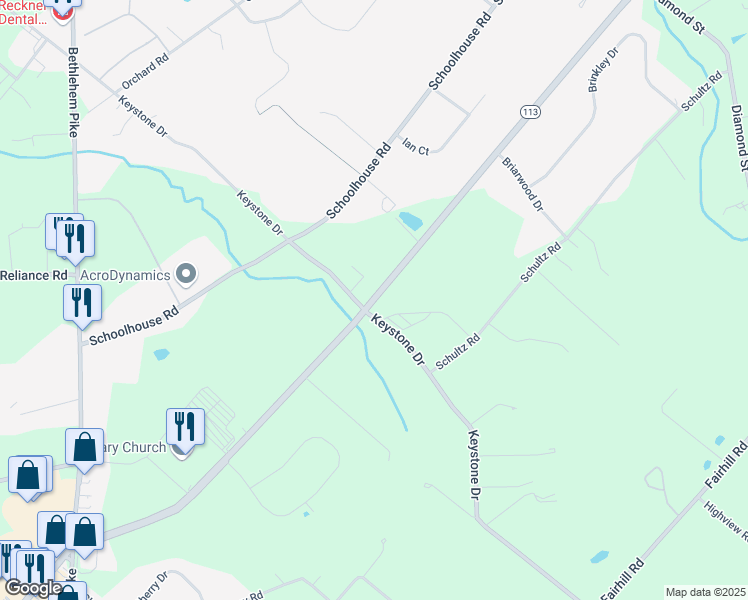 map of restaurants, bars, coffee shops, grocery stores, and more near 905 Route 113 in Sellersville