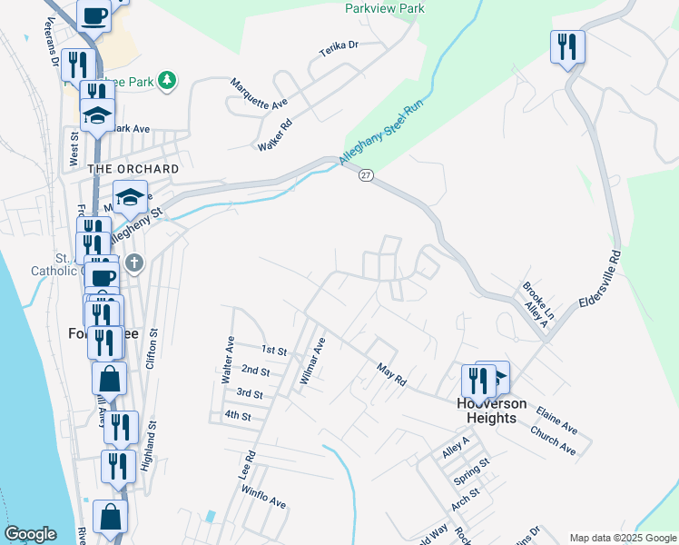 map of restaurants, bars, coffee shops, grocery stores, and more near 130 Woodcrest Road in Follansbee