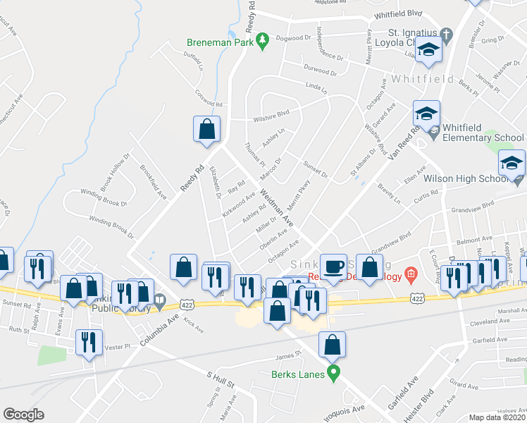map of restaurants, bars, coffee shops, grocery stores, and more near 190 Ashley Road in Sinking Spring