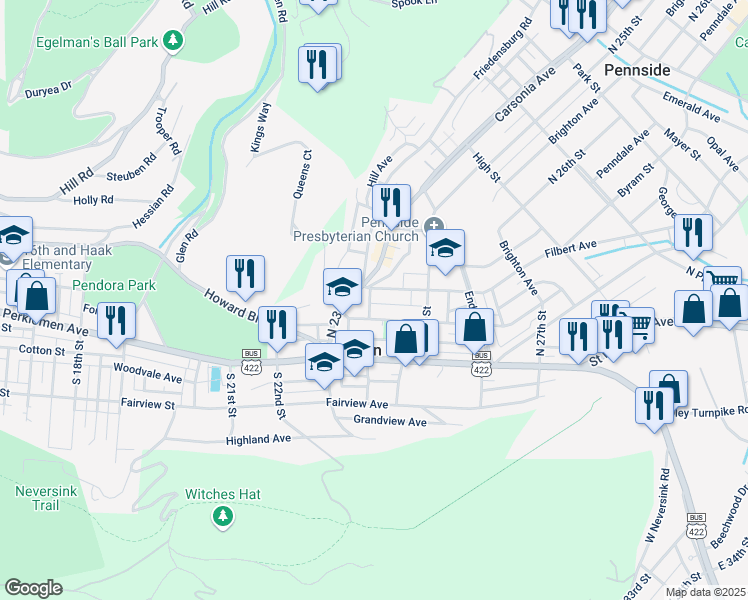 map of restaurants, bars, coffee shops, grocery stores, and more near 837 Woodchuck Lane in Reading