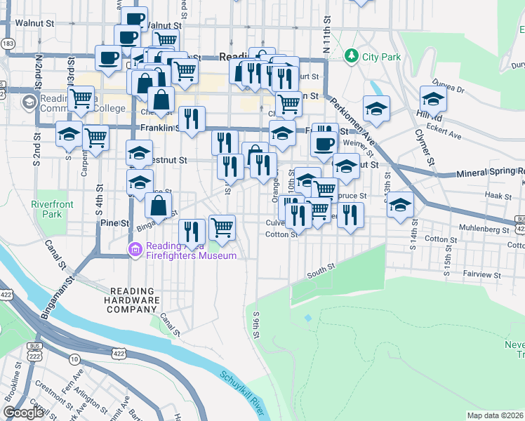 map of restaurants, bars, coffee shops, grocery stores, and more near 920 Spruce Street in Reading