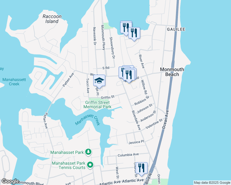 map of restaurants, bars, coffee shops, grocery stores, and more near 72 Riverdale Avenue in Monmouth Beach