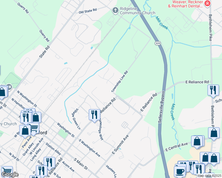 map of restaurants, bars, coffee shops, grocery stores, and more near 531 Township Line Road in Telford