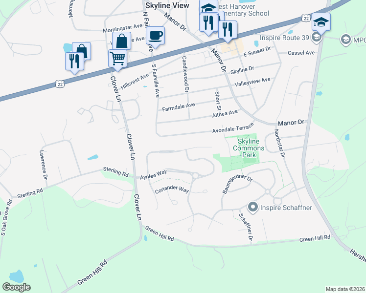 map of restaurants, bars, coffee shops, grocery stores, and more near 7717 Avondale Terrace in Harrisburg