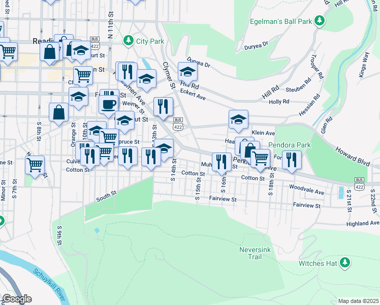 map of restaurants, bars, coffee shops, grocery stores, and more near 232 Clymer Street in Reading