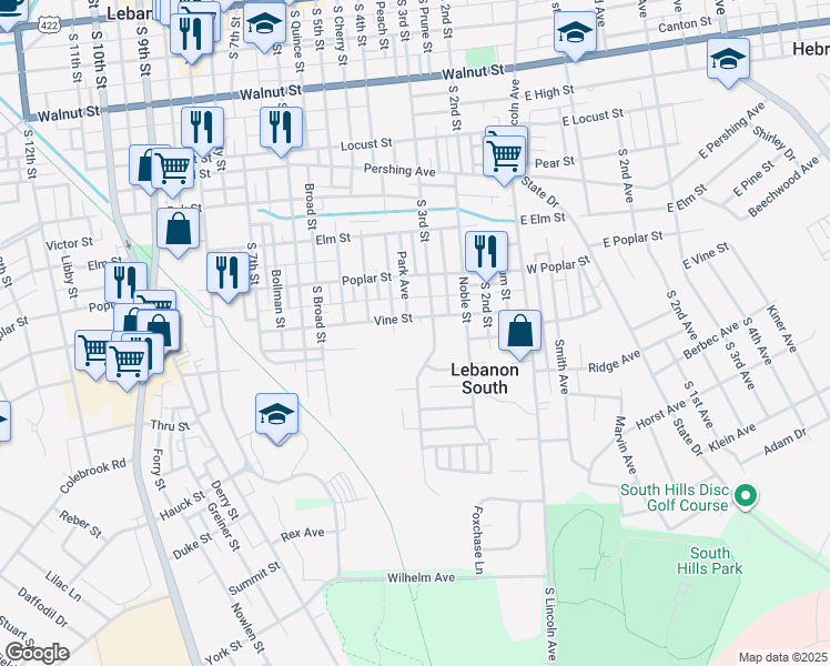 map of restaurants, bars, coffee shops, grocery stores, and more near 610 South 4th Street in Lebanon