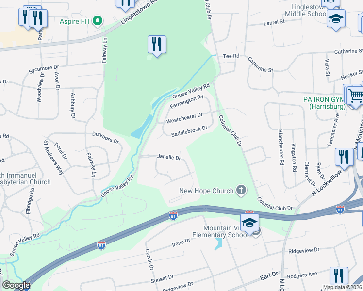 map of restaurants, bars, coffee shops, grocery stores, and more near 4975 Saddlebrook Drive in Harrisburg