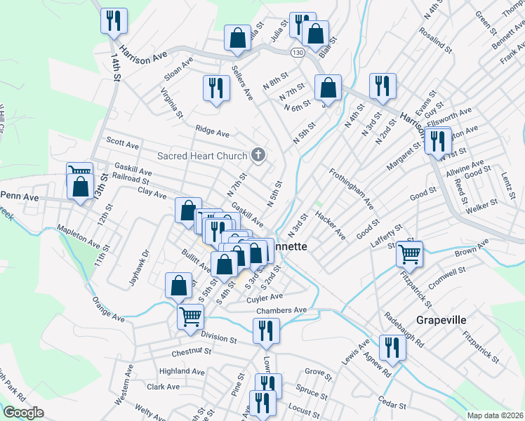 map of restaurants, bars, coffee shops, grocery stores, and more near 514 Scott Avenue in Jeannette