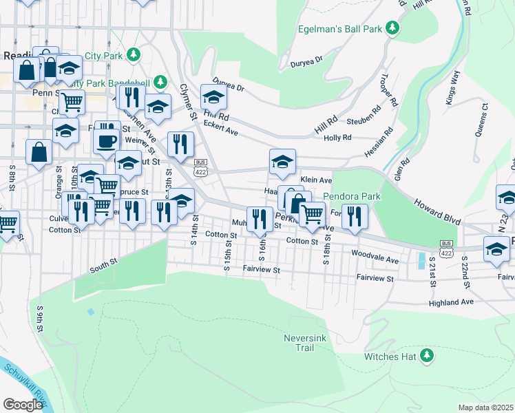 map of restaurants, bars, coffee shops, grocery stores, and more near 1543 Perkiomen Avenue in Reading