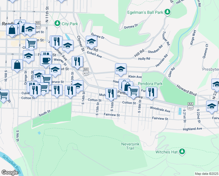 map of restaurants, bars, coffee shops, grocery stores, and more near 1541 Perkiomen Avenue in Reading