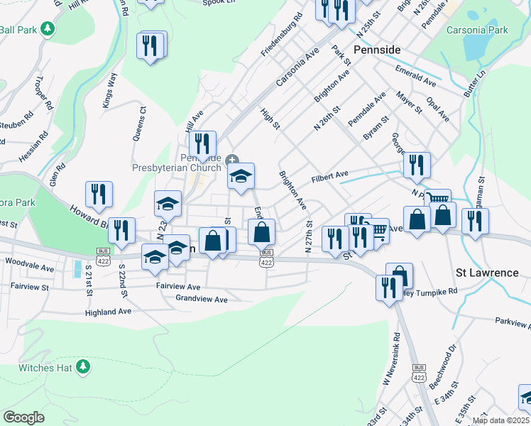 map of restaurants, bars, coffee shops, grocery stores, and more near 2615 Filbert Avenue in Mount Penn