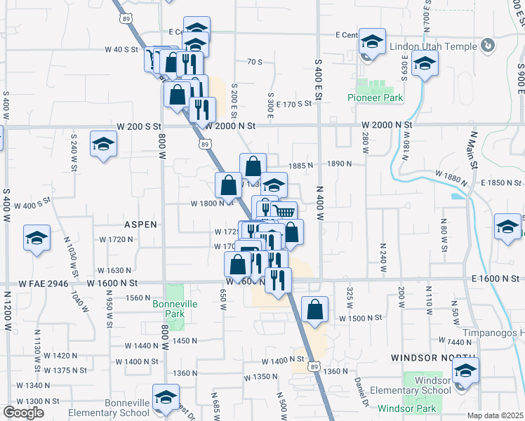 map of restaurants, bars, coffee shops, grocery stores, and more near 1810 North State Street in Orem