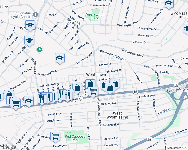 map of restaurants, bars, coffee shops, grocery stores, and more near 218 Woodside Avenue in West Lawn
