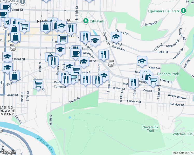 map of restaurants, bars, coffee shops, grocery stores, and more near 1312 Spruce Street in Reading