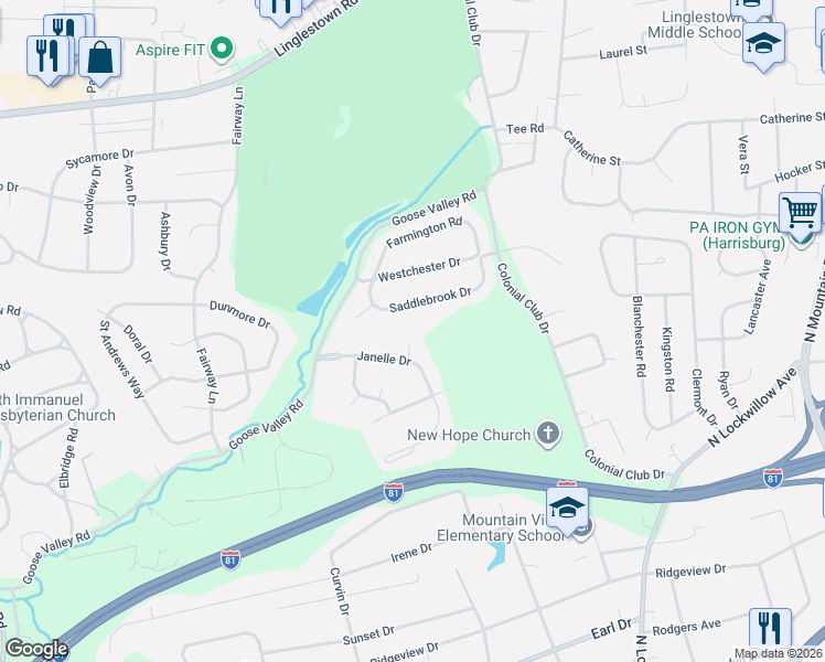 map of restaurants, bars, coffee shops, grocery stores, and more near 4975 Saddlebrook Drive in Harrisburg