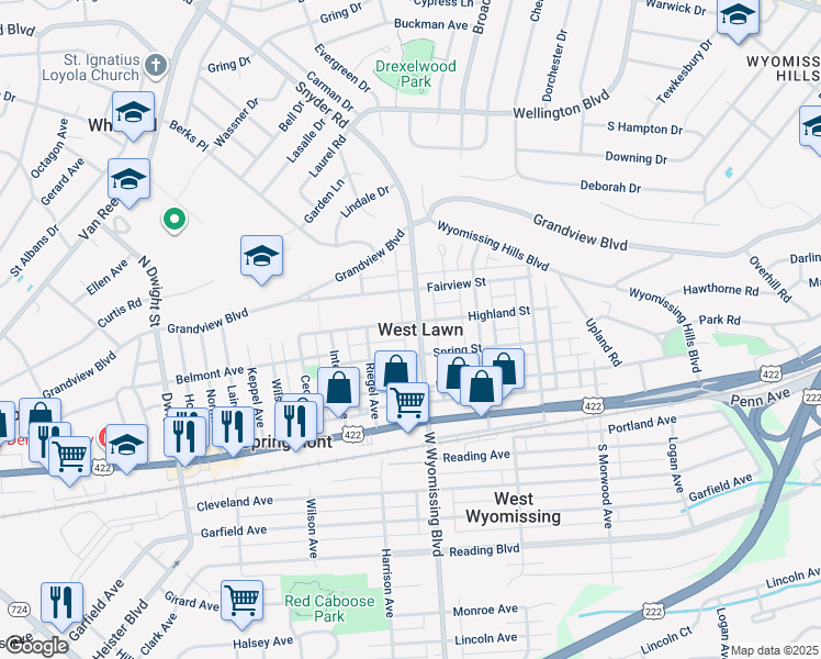 map of restaurants, bars, coffee shops, grocery stores, and more near 218 Woodside Avenue in West Lawn