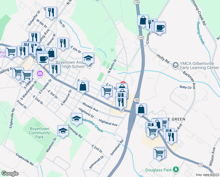 map of restaurants, bars, coffee shops, grocery stores, and more near 722 East 5th Street in Boyertown