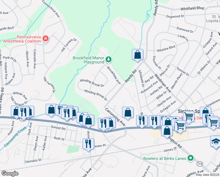 map of restaurants, bars, coffee shops, grocery stores, and more near 41 Winding Brook Drive in Sinking Spring