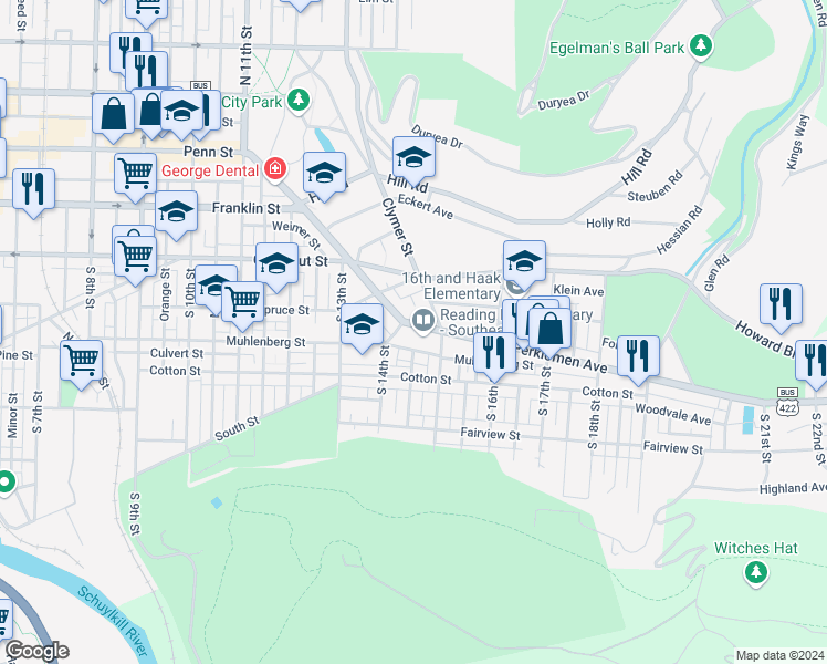 map of restaurants, bars, coffee shops, grocery stores, and more near 1414 Perkiomen Avenue in Reading