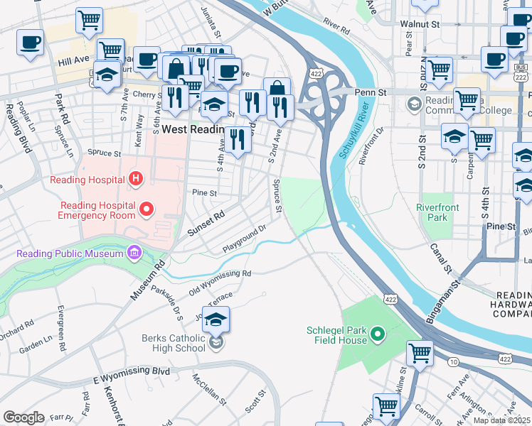 map of restaurants, bars, coffee shops, grocery stores, and more near 212 Sycamore Road in West Reading
