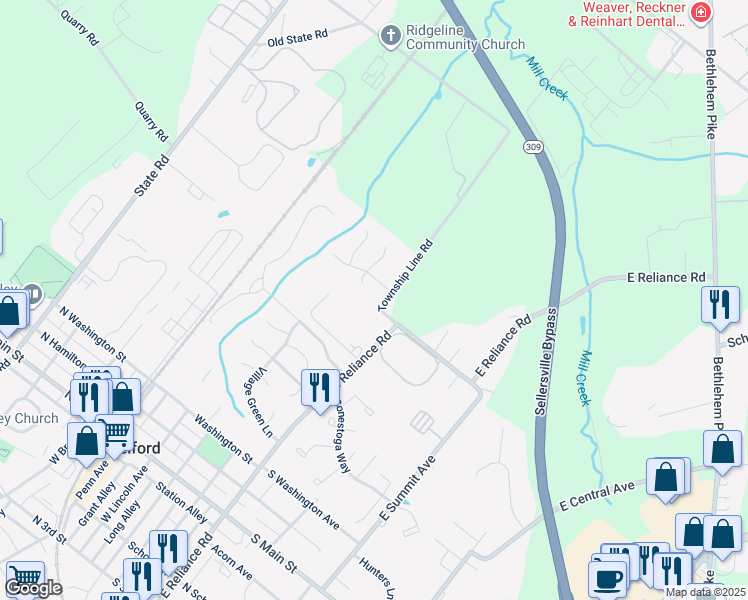 map of restaurants, bars, coffee shops, grocery stores, and more near 531 Township Line Road in Telford