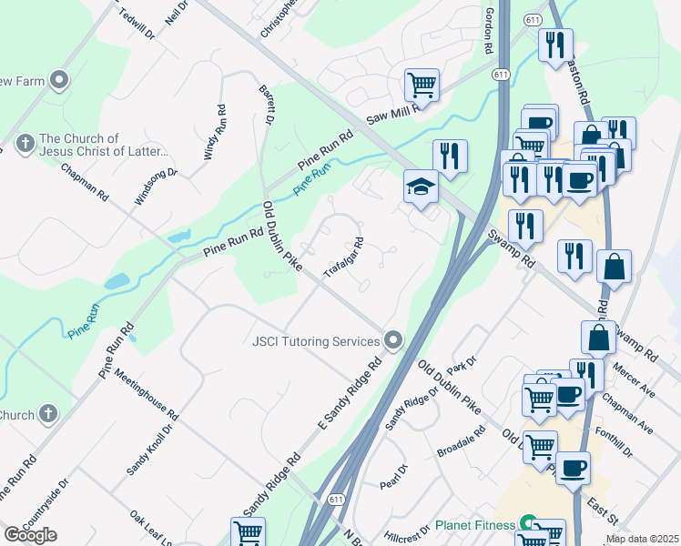 map of restaurants, bars, coffee shops, grocery stores, and more near 225 Victoria Court in Doylestown