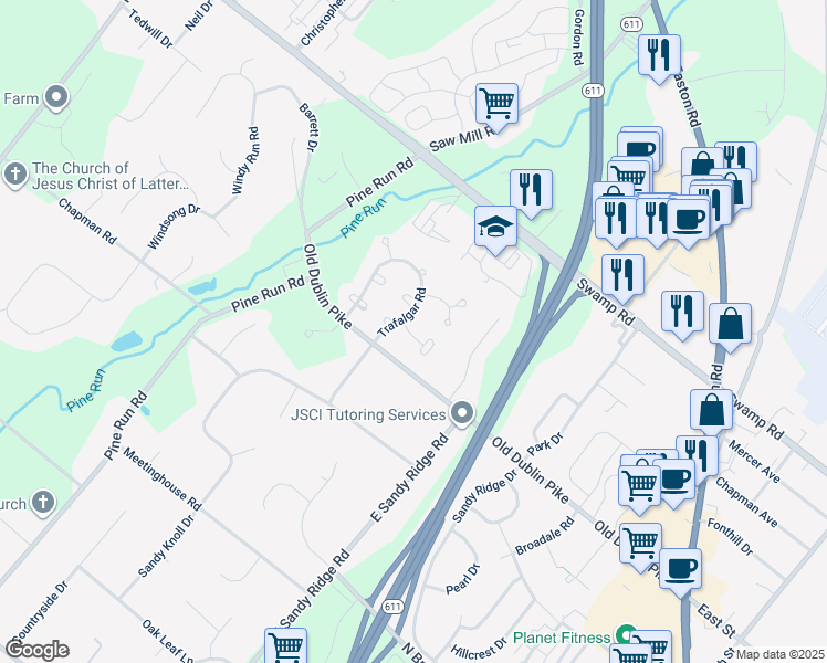 map of restaurants, bars, coffee shops, grocery stores, and more near 203 Victoria Court in Doylestown