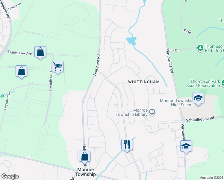 map of restaurants, bars, coffee shops, grocery stores, and more near 115 Leeds Lane in Monroe Township