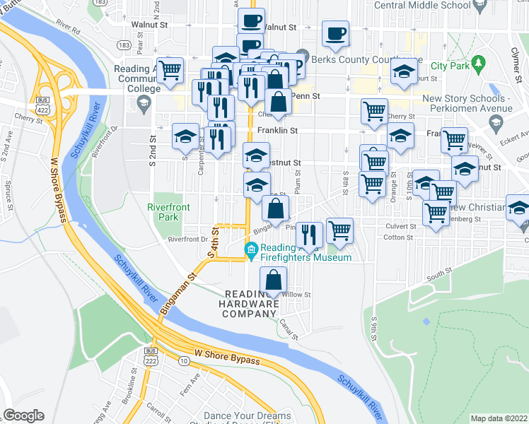 map of restaurants, bars, coffee shops, grocery stores, and more near 336 Pearl Street in Reading