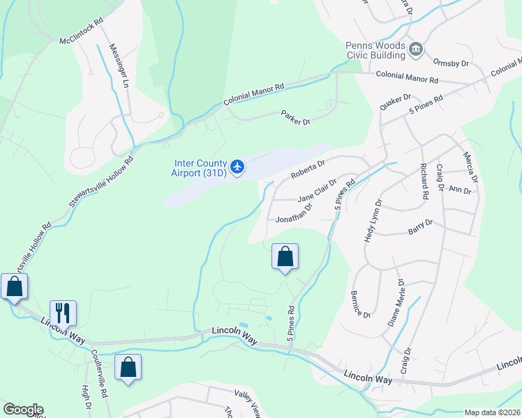 map of restaurants, bars, coffee shops, grocery stores, and more near 14403 Roberta Drive in Irwin