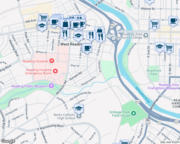 map of restaurants, bars, coffee shops, grocery stores, and more near 246 Sycamore Road in Reading