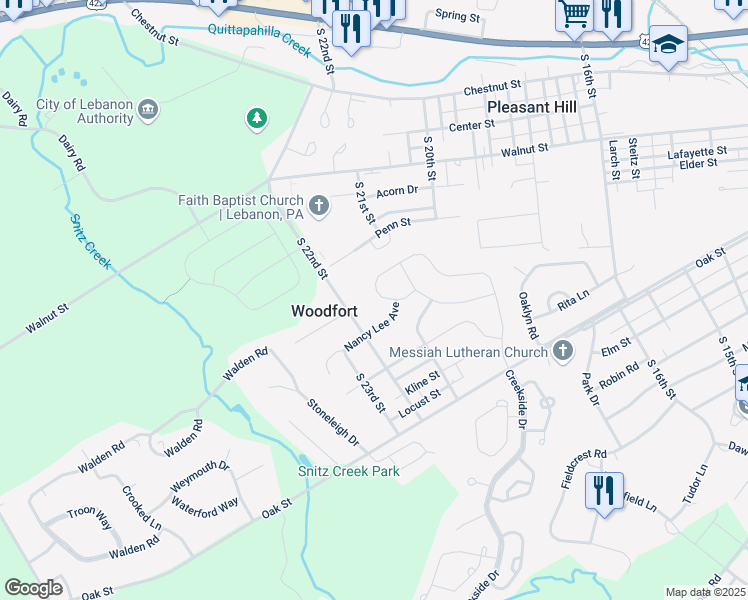map of restaurants, bars, coffee shops, grocery stores, and more near 79 Creekside Drive in Lebanon