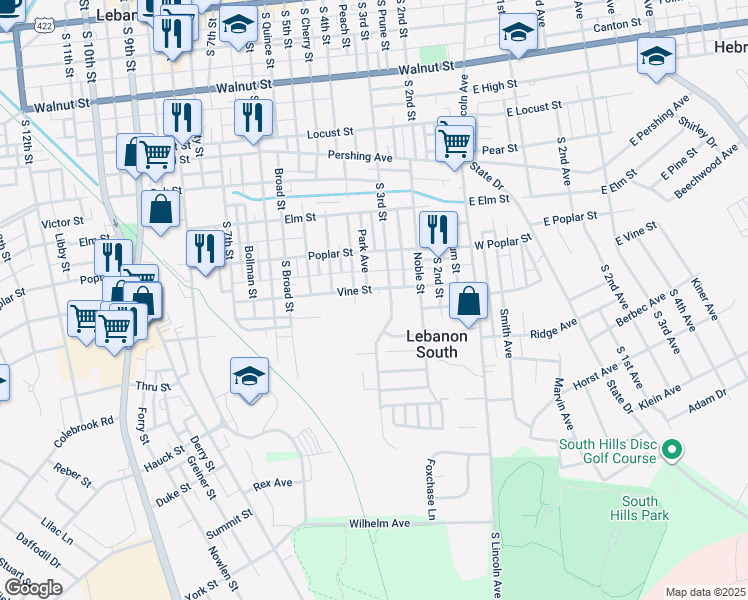 map of restaurants, bars, coffee shops, grocery stores, and more near 350 Vine Street in Lebanon