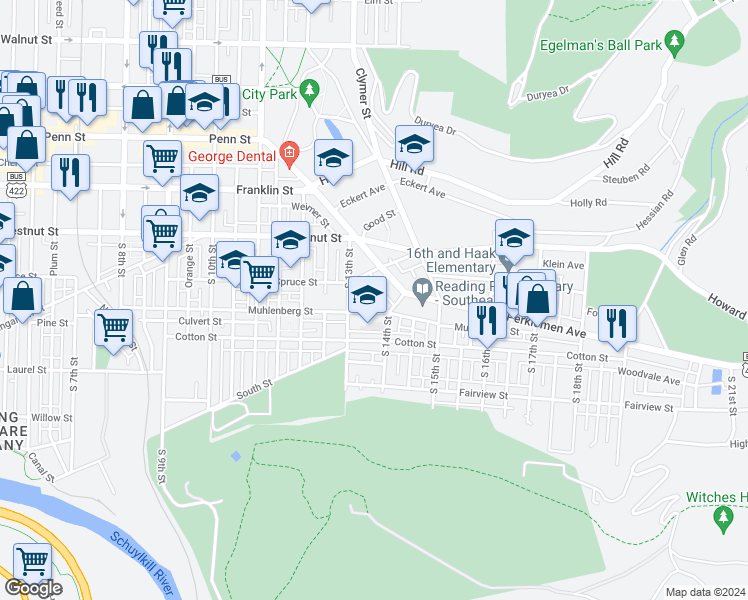 map of restaurants, bars, coffee shops, grocery stores, and more near 330 Miller Street in Reading