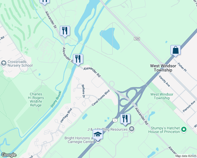 map of restaurants, bars, coffee shops, grocery stores, and more near 548 Alexander Road in Princeton