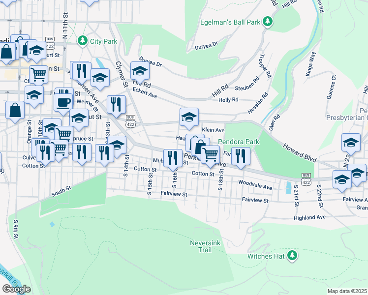 map of restaurants, bars, coffee shops, grocery stores, and more near 1618 Forrest Street in Reading