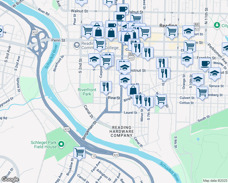 map of restaurants, bars, coffee shops, grocery stores, and more near 434 Spruce Street in Reading
