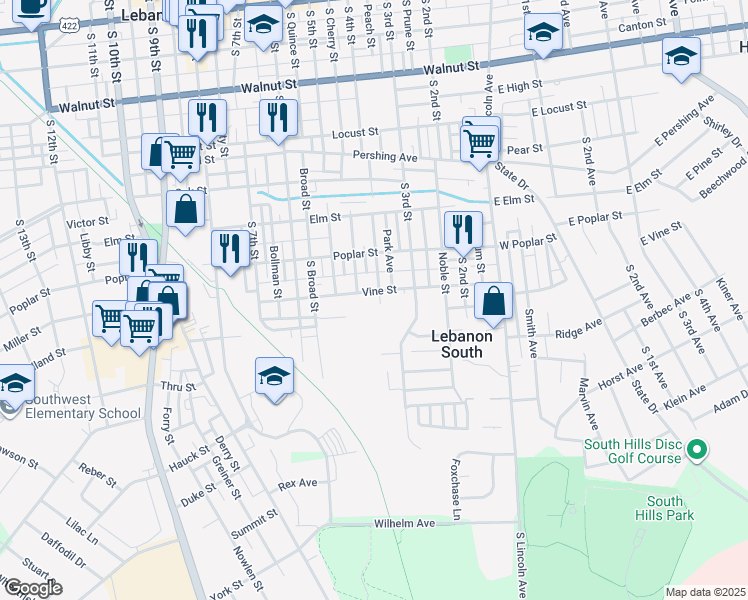 map of restaurants, bars, coffee shops, grocery stores, and more near 610 South 4th Street in Lebanon