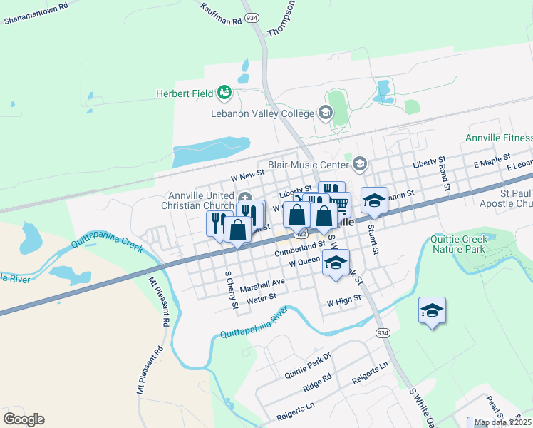 map of restaurants, bars, coffee shops, grocery stores, and more near 101 North King Street in Annville