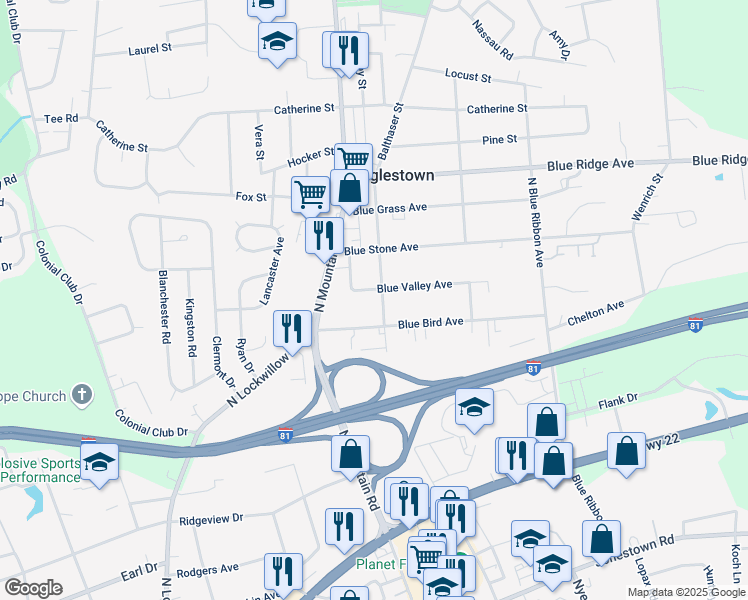 map of restaurants, bars, coffee shops, grocery stores, and more near 513 Blue Eagle Avenue in Harrisburg