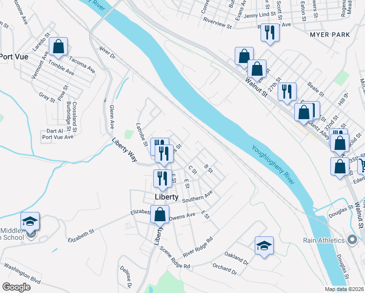 map of restaurants, bars, coffee shops, grocery stores, and more near 2500b B Street in McKeesport