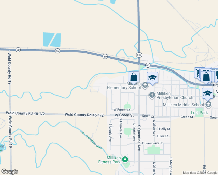 map of restaurants, bars, coffee shops, grocery stores, and more near 9936 County Road 46 1/2 in Milliken
