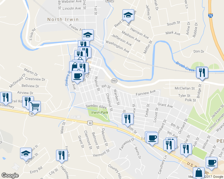 map of restaurants, bars, coffee shops, grocery stores, and more near 503 6th Street in Irwin