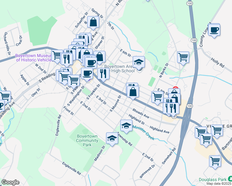 map of restaurants, bars, coffee shops, grocery stores, and more near 425 East Philadelphia Avenue in Boyertown