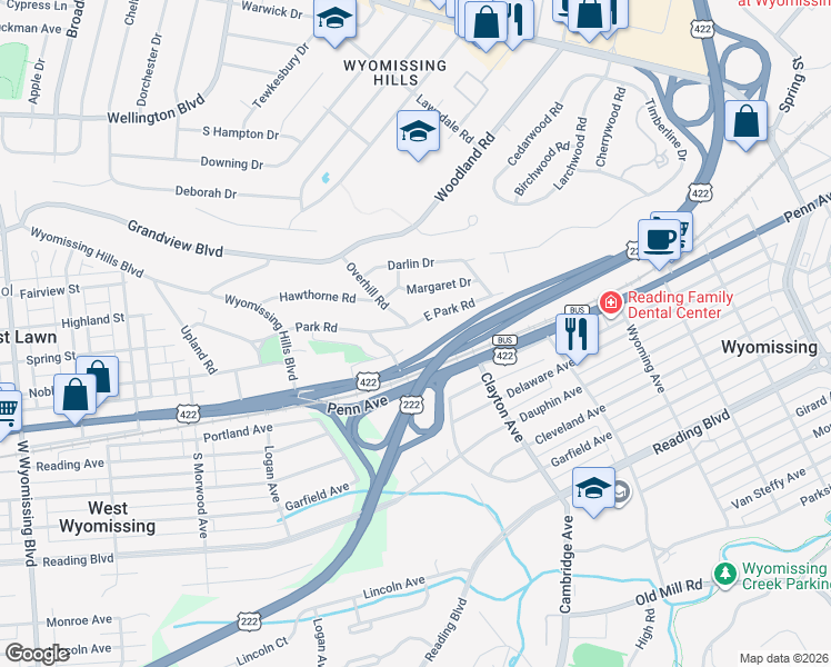 map of restaurants, bars, coffee shops, grocery stores, and more near 13 Overhill Road in Reading